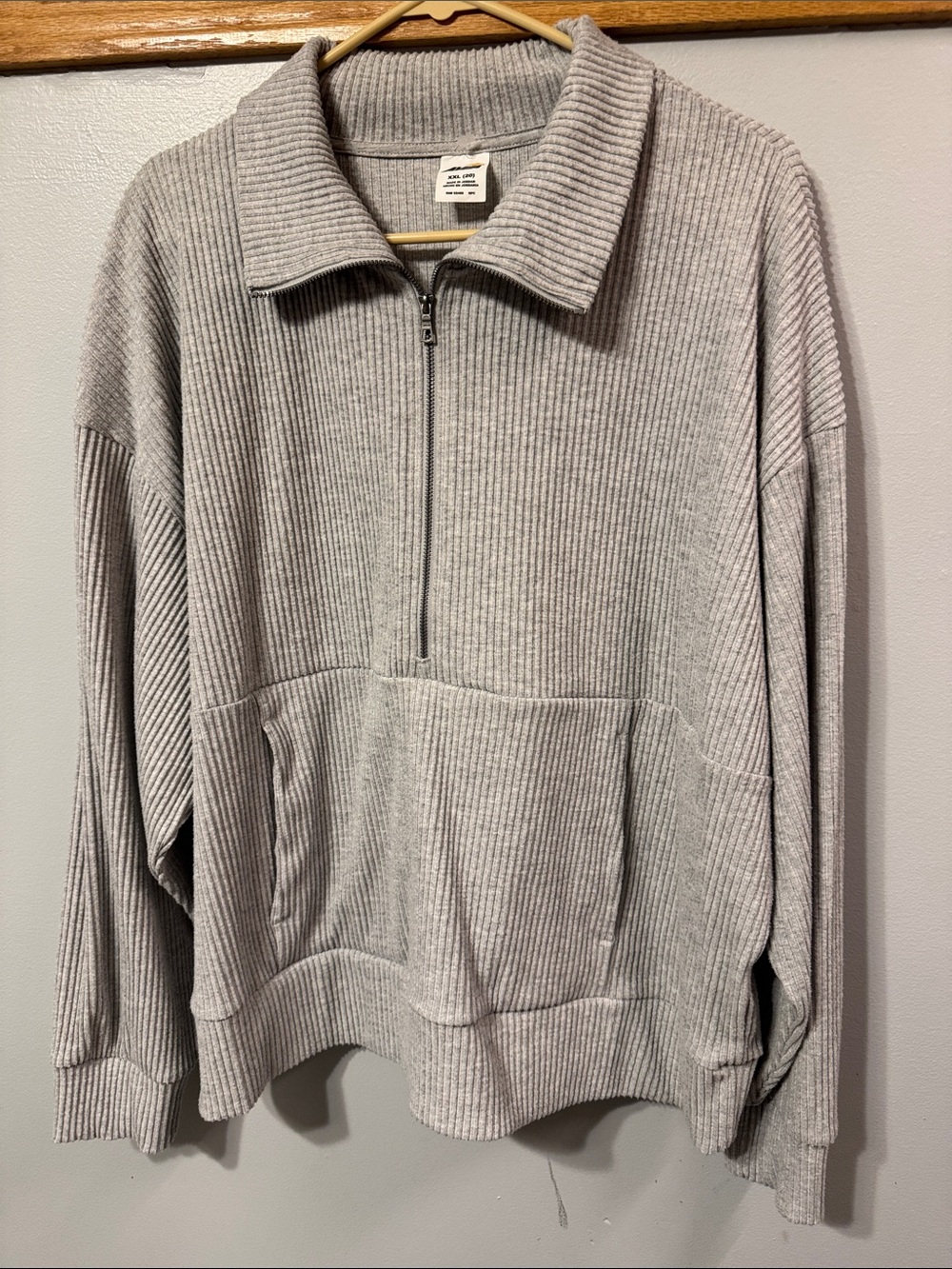 AVIA Quarter-Zip Ribbed Pullover Sweater - Light Gray